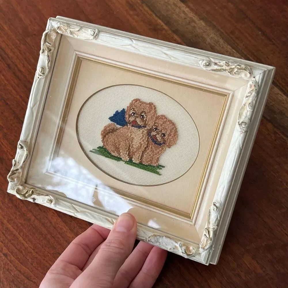 VTG Micro Needlepoint Shih Tzu Puppy Art Signed Marge Higgins Cottagecore Galler